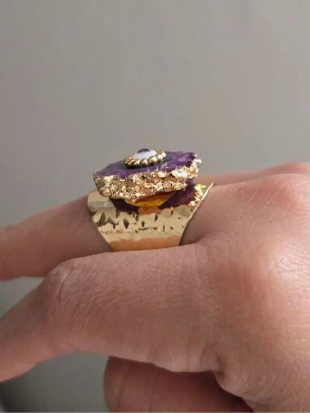 Purple Druzy Geode Evil Eye Ring with Gold Trim Adjustable